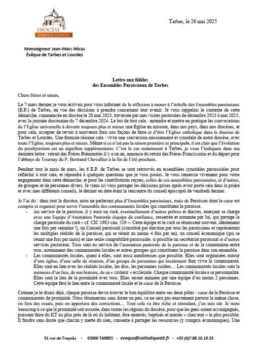 2025 05 26 lettre aux fideles des ep de tarbes
